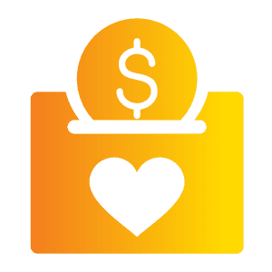 Yellow icon showing a coin with a dollar sign being inserted into a box with a heart symbol, representing a charitable donation.