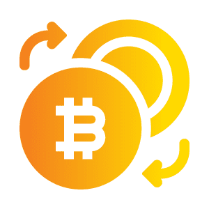 Stylized illustration of a Bitcoin symbol on a coin with two yellow arrows forming a circular motion, suggesting cryptocurrency exchange or transaction.
