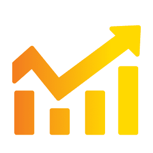 A yellow and orange bar chart with an upward trending arrow, indicating growth or increase in value.